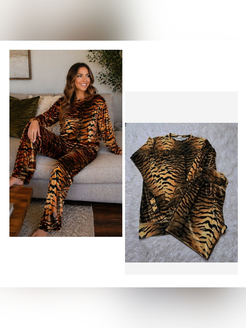Laina Rauma Velour Tiger Print Luxury Cozy Soft Lounge Set Size Large